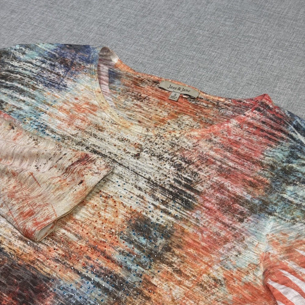Jess & Jane Tunic T-Shirt Womens Small Multicolor V-Neck Rhinestone 3/4 Sleeve